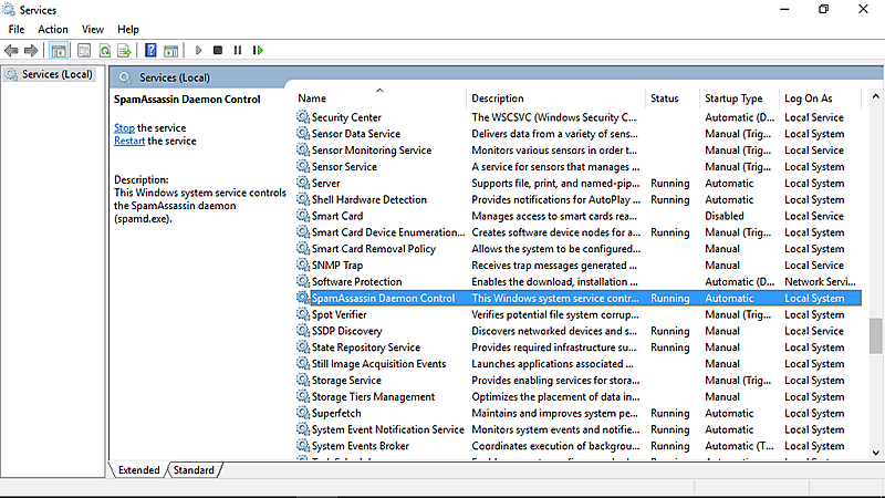 Screenshot SpamAssassin in a Box installed as a Windows service 