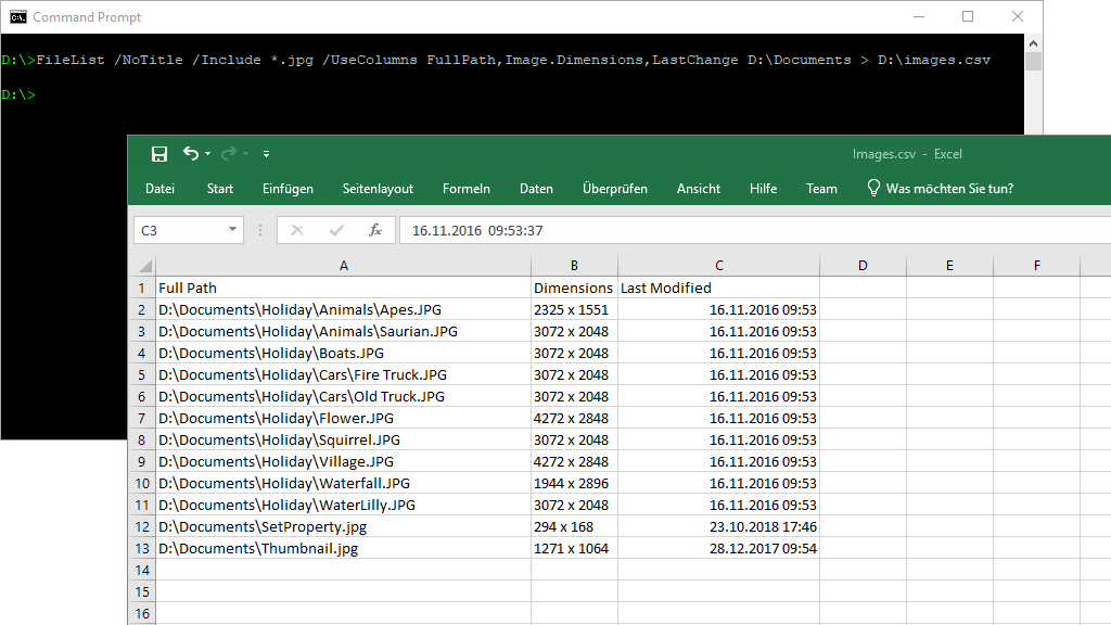 Screenshot FileList showing export of files to Excel