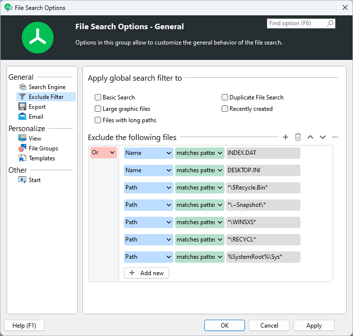 TreeSize search options with exclude filters