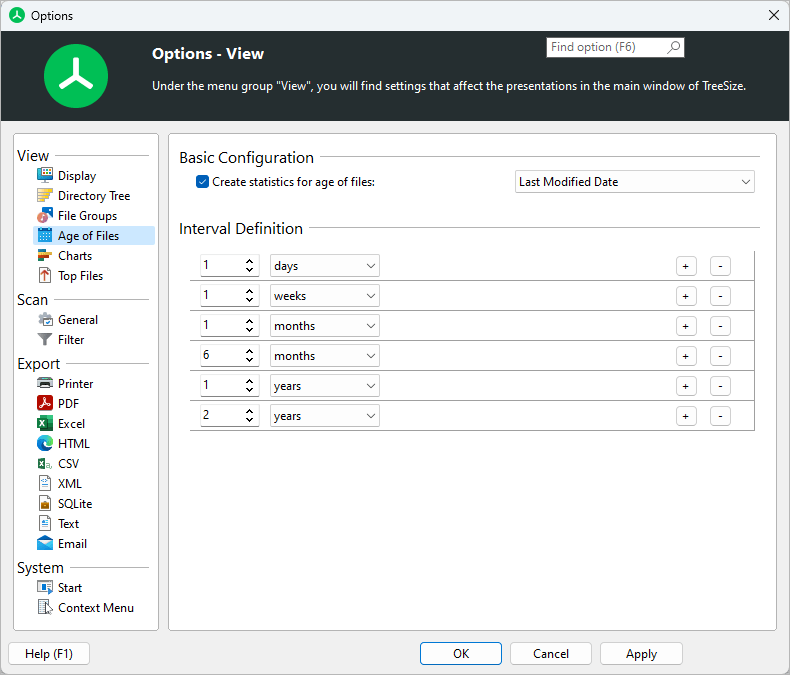 TreeSize main window options fpr age of files