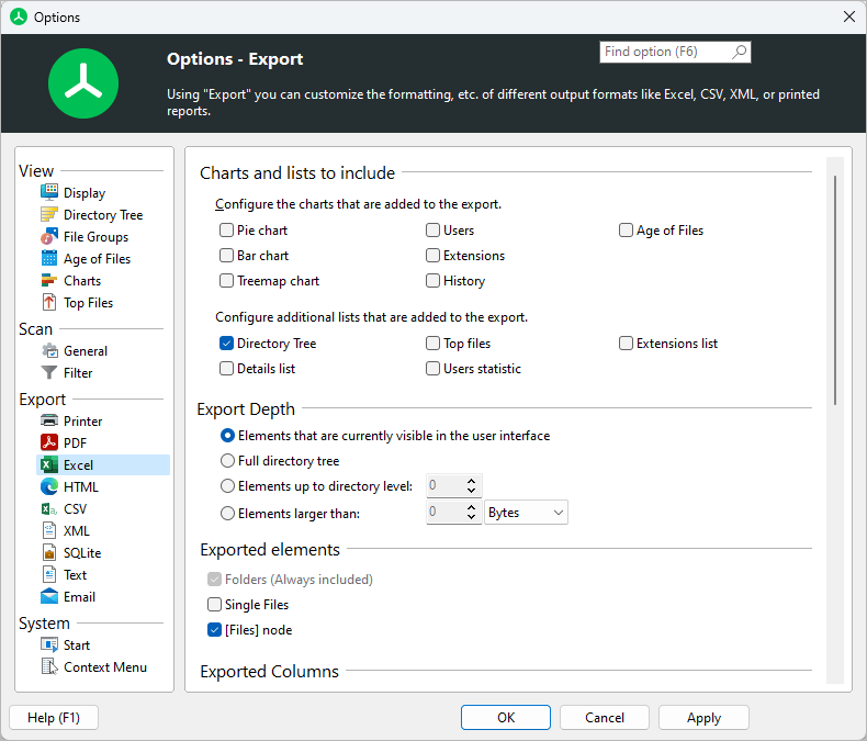 TreeSize main window excel options